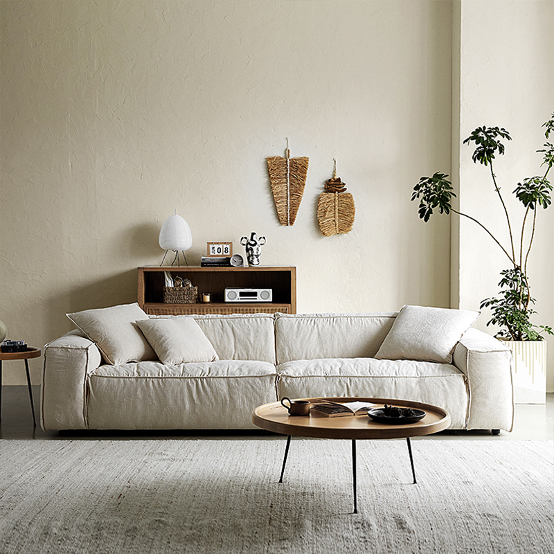 Sofá de tela para tres personas de lino Jifeng, apartamento pequeño, sala de estar, casa de familia, bloque de tofu, algodón y lino de alta gama, estilo crema, desmontaje y lavado