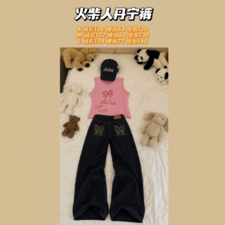 26秋季新款韩系设计感火柴人刺绣后口袋宽松直筒原色牛仔长裤女款