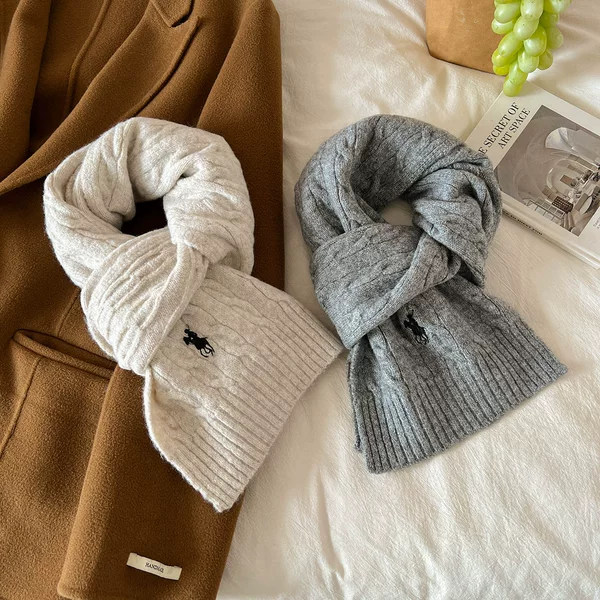 Korean Dongdaemun Thick Knitted Wool Scarf for Women Autumn and Winter Versatile Twist Knitted Scarf Pony Embroidered Women