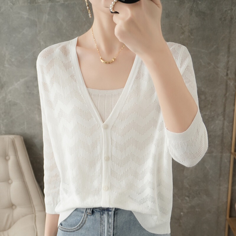 Ice Silk Knitted Cardigan Thin Women's Nine-point Sleeve Small Shawl Summer Dress Air-conditioning Shirt Sunscreen Jacket
