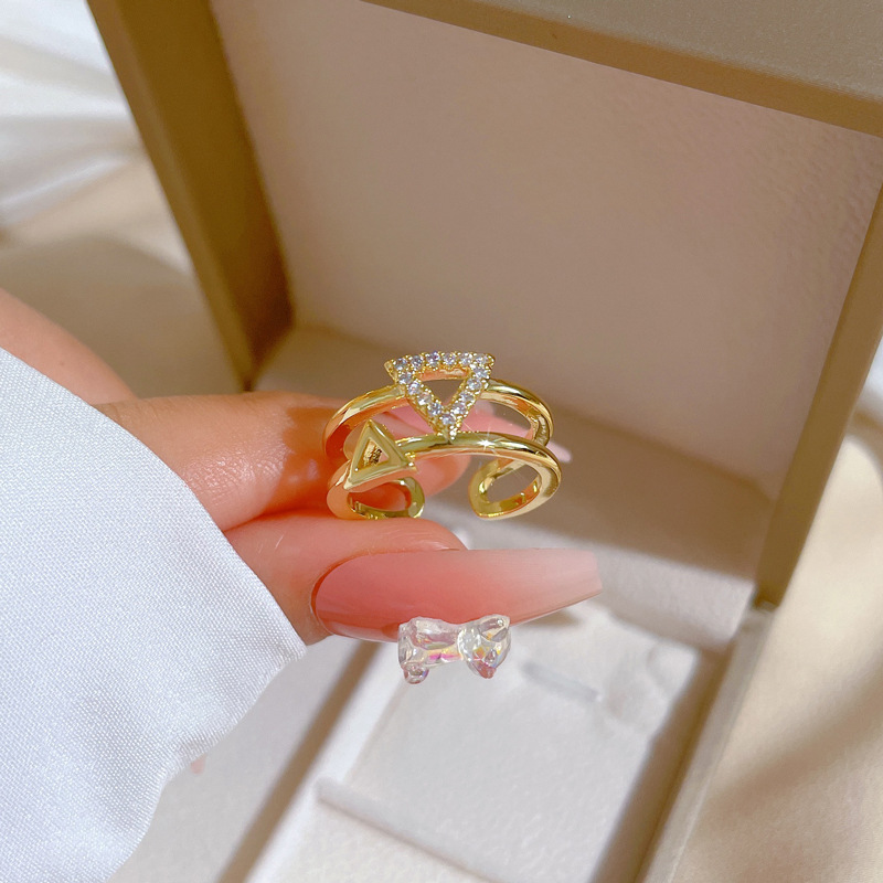 Fashion Triangle Brass Plating Hollow Out Inlay Zircon Open Ring 1 Piece