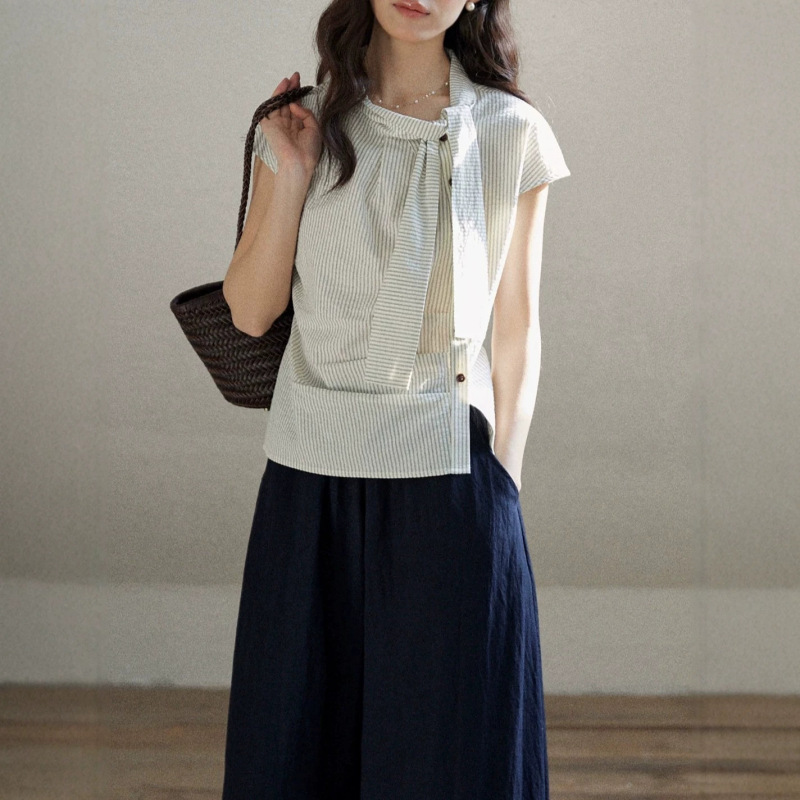 Mixabo Daily Vertical Striped Short-Sleeve Shirt for Women, Summer Cotton Asymmetrical Design with Bow Tie Collar and Raglan Sleeves Top Mixabo Daily Vertical Striped Short-Sleeve Shirt for Women, Summer Cotton Asymmetrical Design with Bow Tie Collar and Raglan Sleeves Top