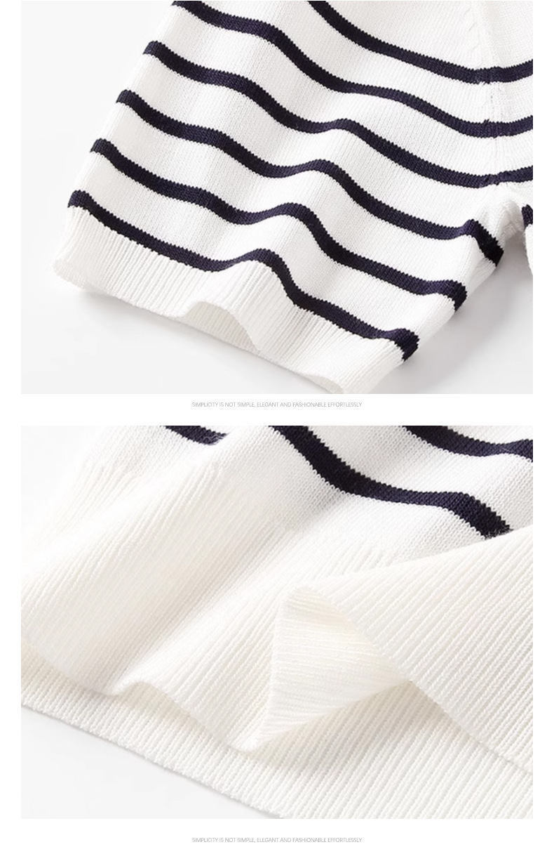 夏季黑白撞色条纹针织衫圆领休闲打底衫简约白色短袖t恤上衣女 pic 7