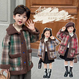 儿童加绒外套男女童秋冬加厚保暖韩版格子上衣中长款百搭中小童
