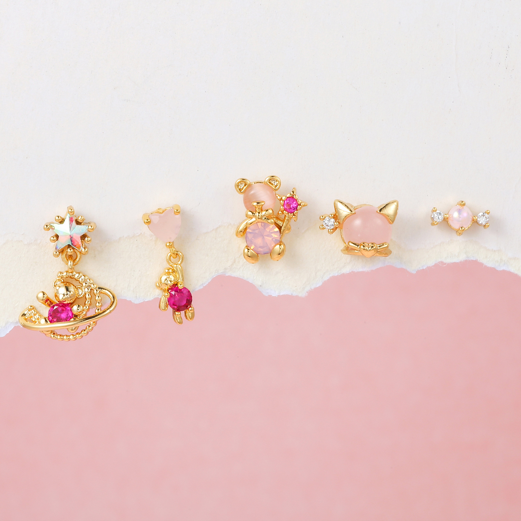 Sweet Bear Brass Ear Studs Gold Plated Zircon Copper Earrings