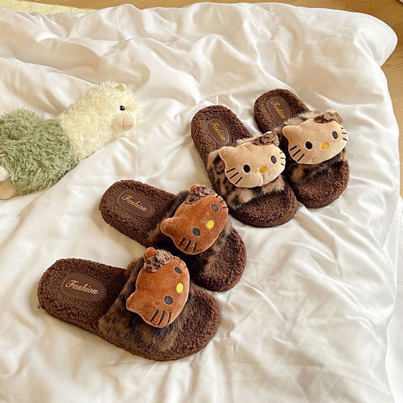 2025 New Leopard Print Fur Slippers for Women Cute Autumn and Winter Home Indoor Non-Slip Supermarket Wholesale Cotton Slippers for Women