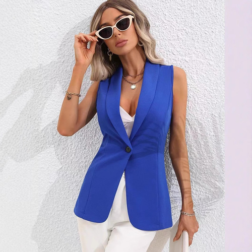 2025 European and American Amazon solid color crew neck suit cardigan sleeveless round neck jacket for women