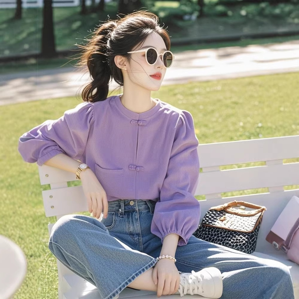 Áo sơ mi nữ tay dài cổ tròn phong cách Trung Hoa, khuy cài kiểu, dáng suông basic — màu tím chi tiết 4