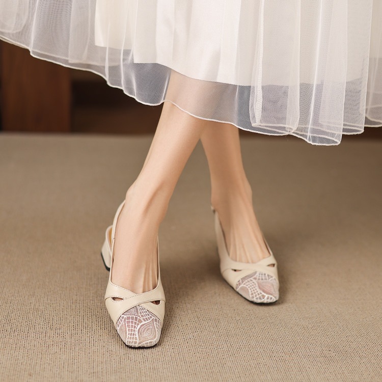 Sandal cao gót nữ hở mũi da cừu lưới phối màu quai ngang khóa — màu đen, màu trắng ngà chi tiết 67