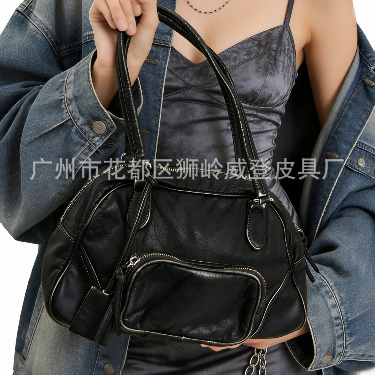 复古手提保龄球包秋冬新款水洗包托特包做旧大包多口袋机车包