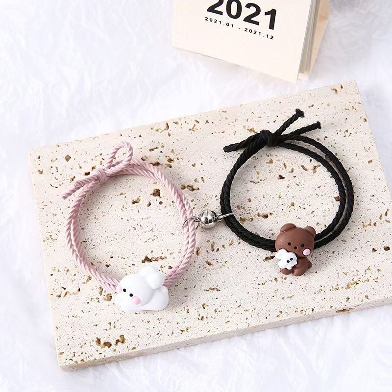 Cute Cartoon Hug Bear Iron Bracelet Suction Couple Small Rubber Band Boyfriend Small Leather Cover Girlfriend Bracelet Hair Rope