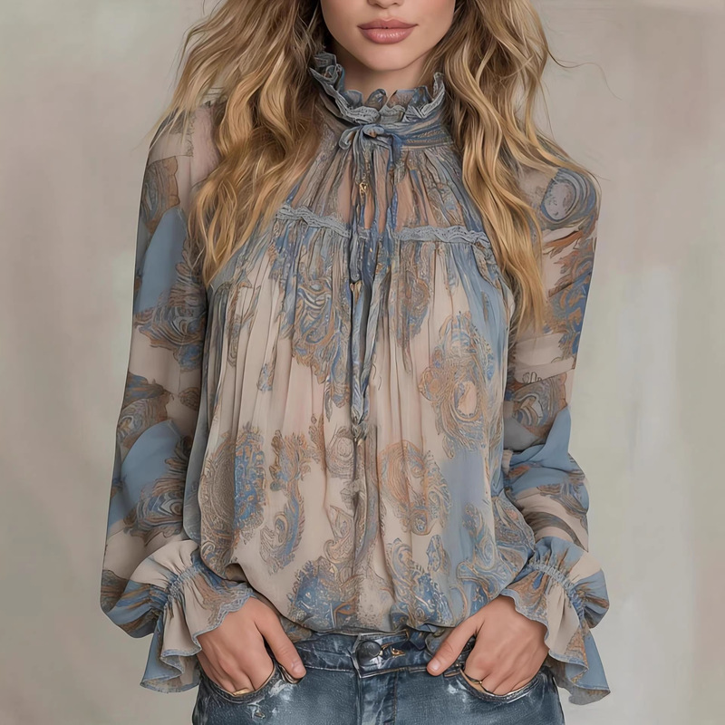 European and American Foreign Trade Spring and Summer Lantern Sleeve Tie-Up Top Floral Print Vacation Style Women's Shirt European and American Foreign Trade Spring and Summer Lantern Sleeve Tie-Up Top Floral Print Vacation Style Women's Shirt