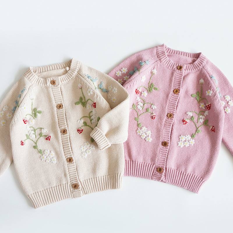 Girls children's clothing 2023 new children's sweater wholesale autumn girls knitted sweater hand embroidered strawberry flower cardigan Girls children's clothing 2023 new children's sweater wholesale autumn girls knitted sweater hand embroidered strawberry flower cardigan