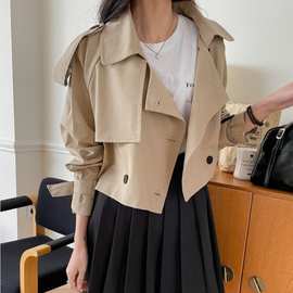 韩国chic秋冬复古翻领双排扣纯色短款休闲风衣夹克外套女