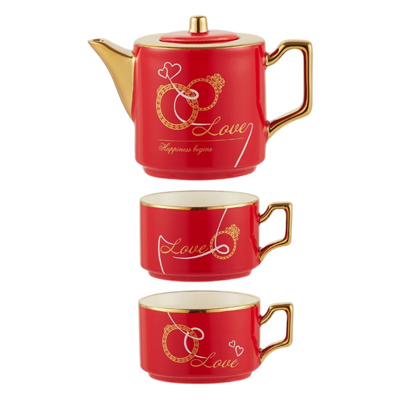 INS pareja flor juego de té regalo de boda chapado en oro taza de café tetera de cerámica taza de agua caja de regalo de boda traje