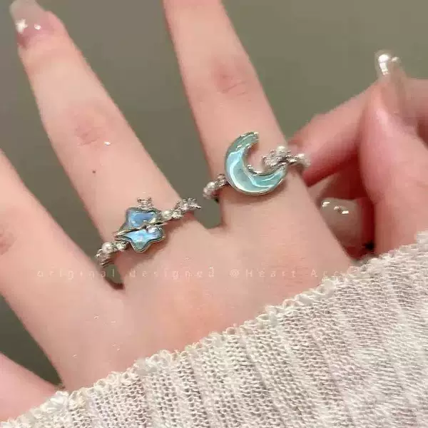 Glacier Blue Star Moon Open Ring for Women, Light Luxury Niche High-End Index Finger Ring, Exquisite Ring for Couples and Best Friends