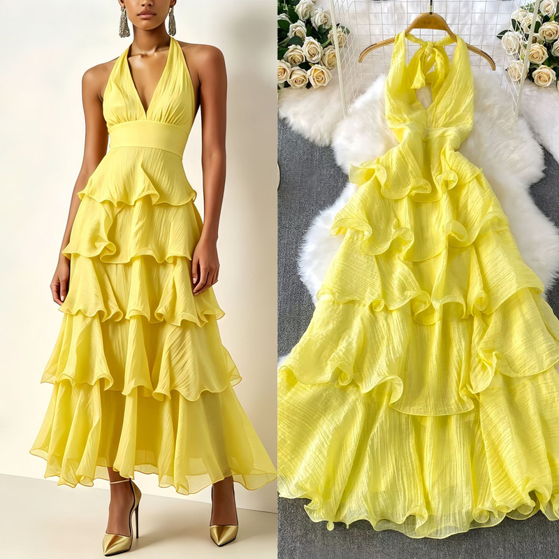 European and American cross-border fashion V-neck halter-neck sleeveless patchwork tiered dress, elegant and versatile casual long dress for women