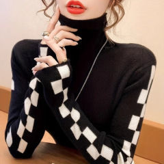 2025国境を越えた新しい山の高襟ニット盤の格子が底を打って身を修めるニットウェアの秋冬ファッションの洋風