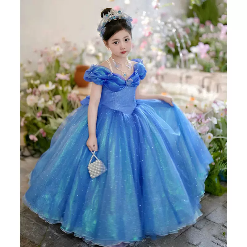 蓝色女童礼服公主裙圣诞节2026年儿童主持人钢琴演奏演出服灰姑娘