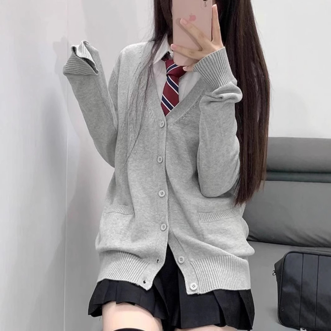 现货 学院风jk制服毛衣开衫甜美校供百搭秋冬叠穿V领外套针织衫长