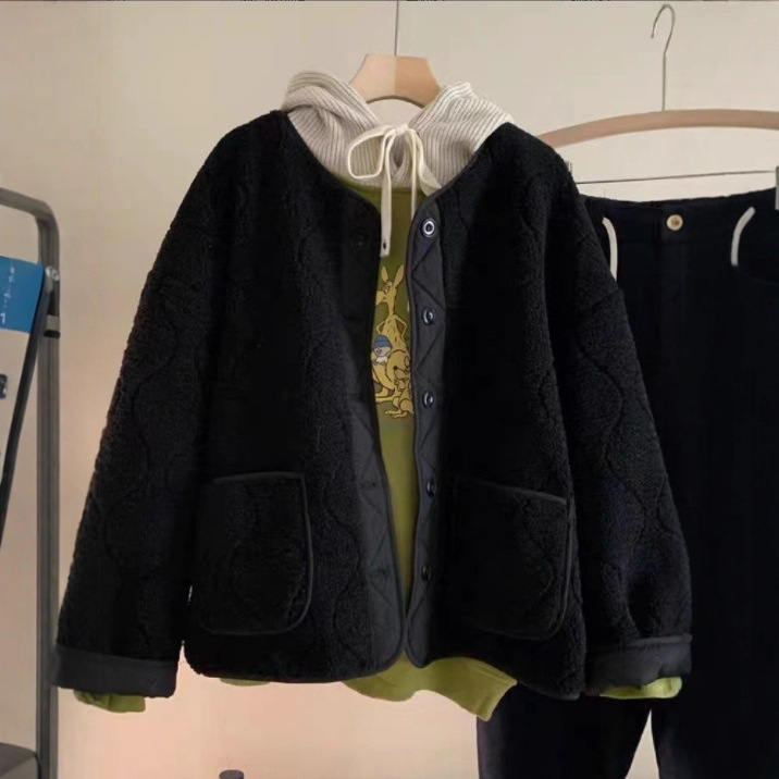 高级感炸街小香风羊羔毛摇粒绒皮毛一体短款黑色外套厚女装秋冬款|undefined