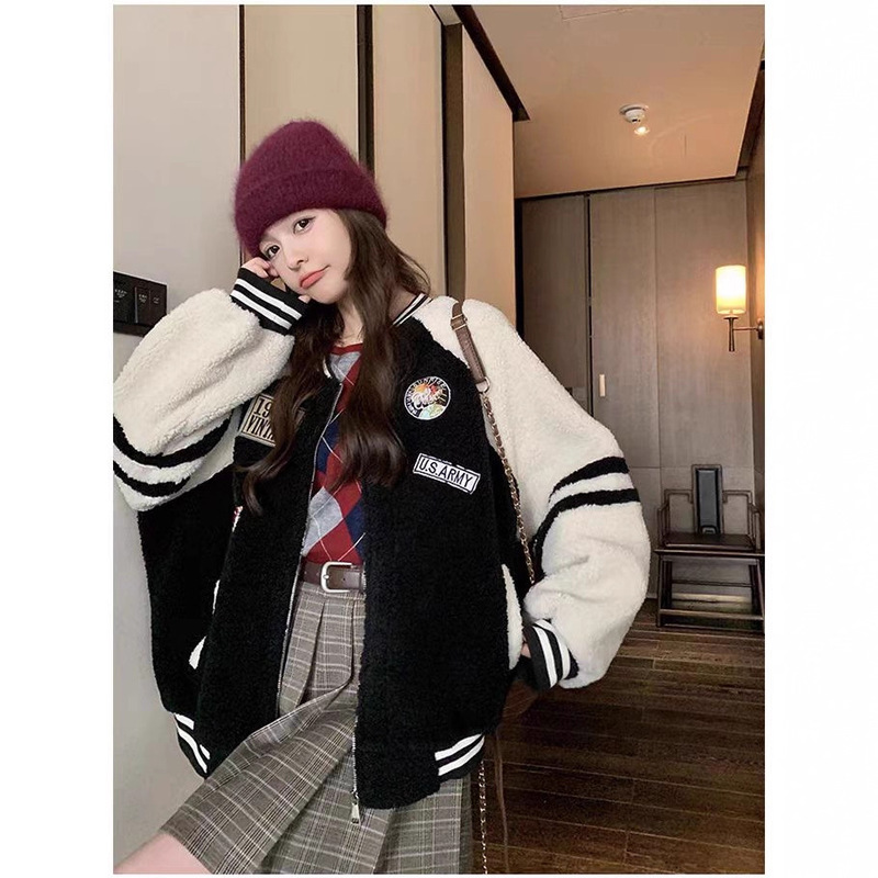 春秋加厚韩版羊羔绒冬季拼接羊羔毛外套女保暖情侣棒球服学院风|undefined