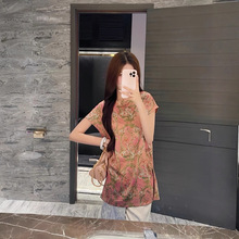 复古中式立领提花旗袍裙侧边开衩古典韵味传统盘扣气质百搭连衣裙