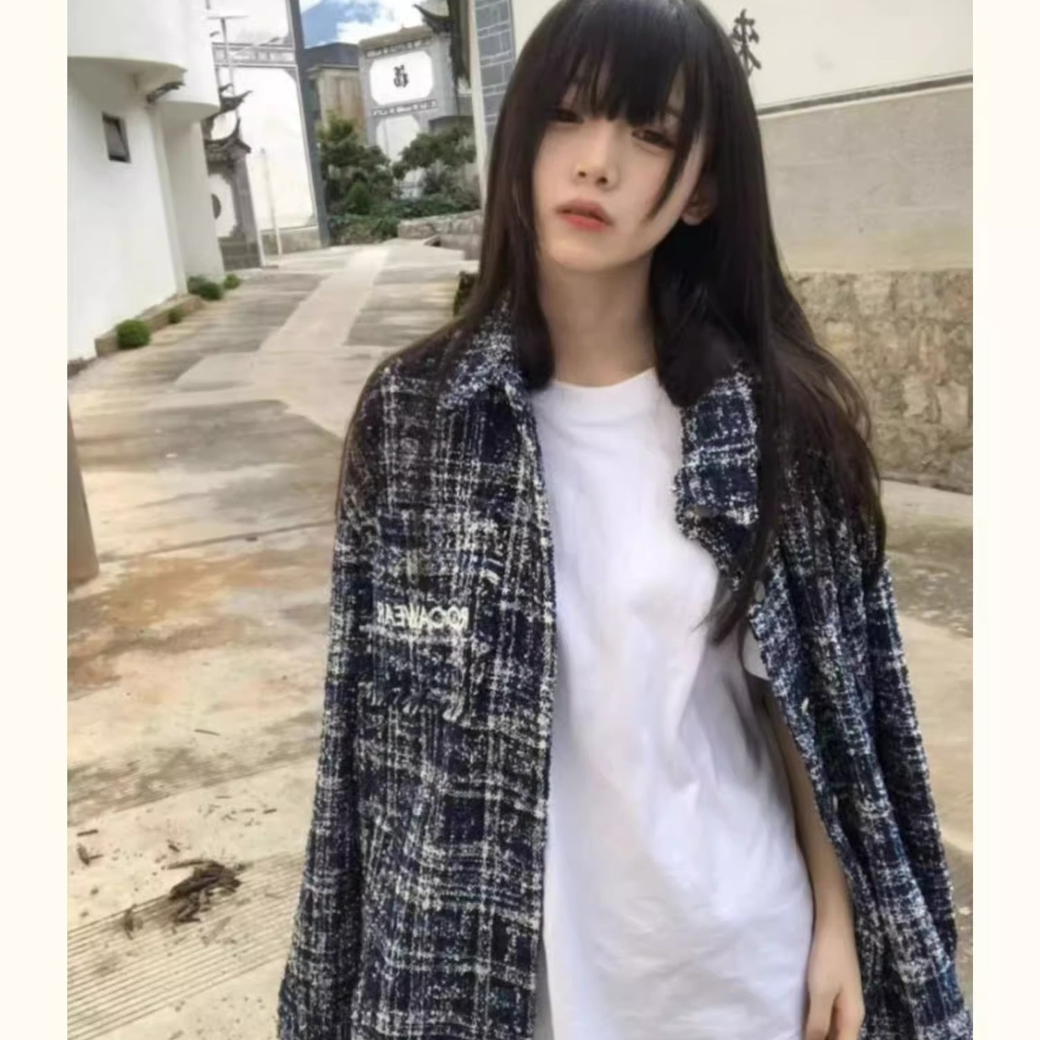 Mz National Tide High Street Bordado pequeño estilo fragante a cuadros diseño de ins Camisa de manga larga para hombres y mujeres