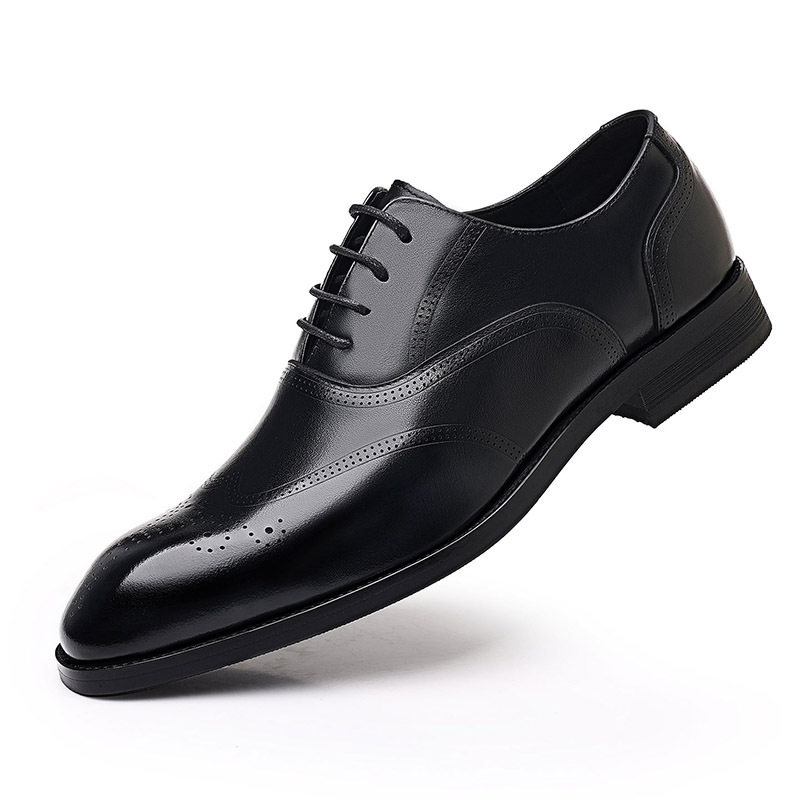 Giày da nam công sở da bò lớp đầu mũi nhọn Brogue buộc dây đế gỗ — Màu nâu, màu đen