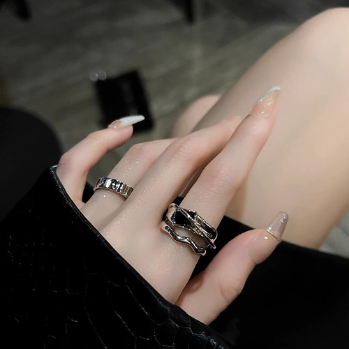 Geometric cold style black zircon ring for women niche design high-end opening adjustable fashion personality internet celebrity style