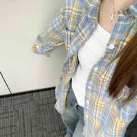 黄色格子衬衫外套女早秋新款韩系宽松慵懒风休闲百搭衬衣外搭开衫
