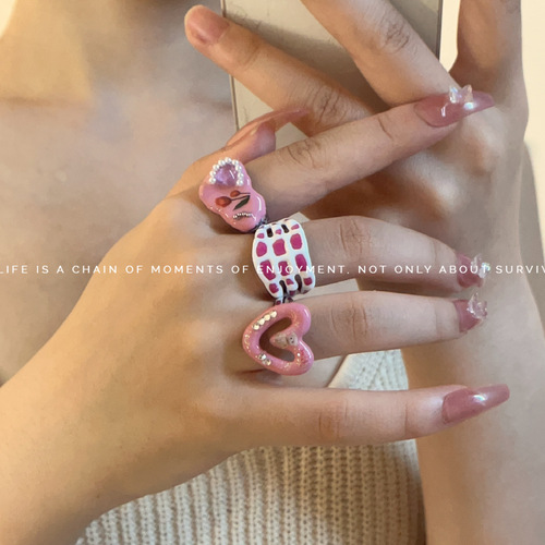 Small-town design metal enamel drip oil stackable ring for girls, Y2K sweet girl high-end macaron open ring