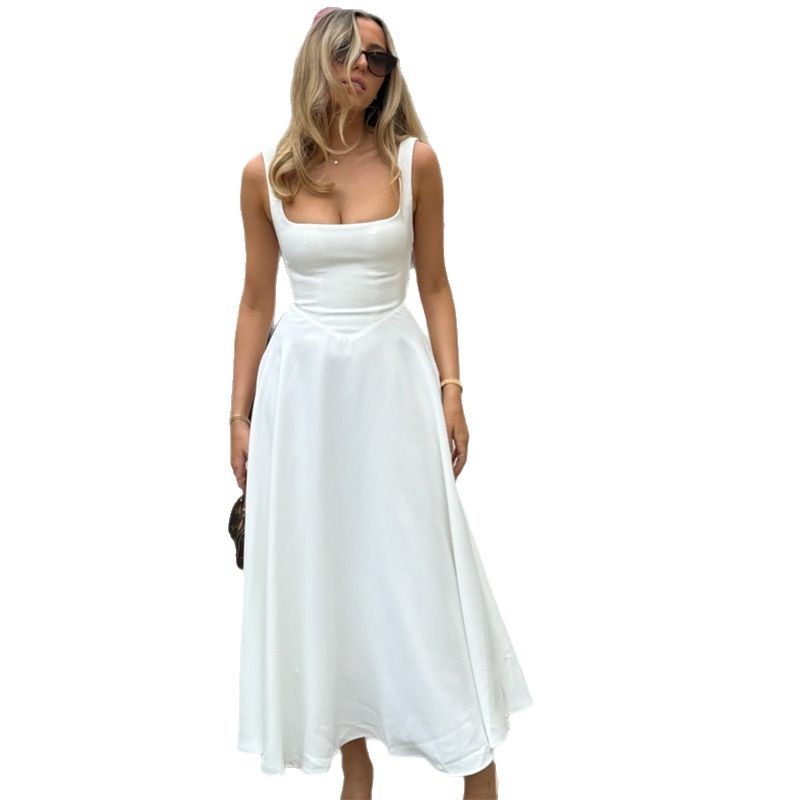 Comercio exterior Amazon 2025 primavera y verano nueva ropa de mujer europea y americana temperamento color sólido cuello cuadrado cintura sin mangas vestido de tirantes