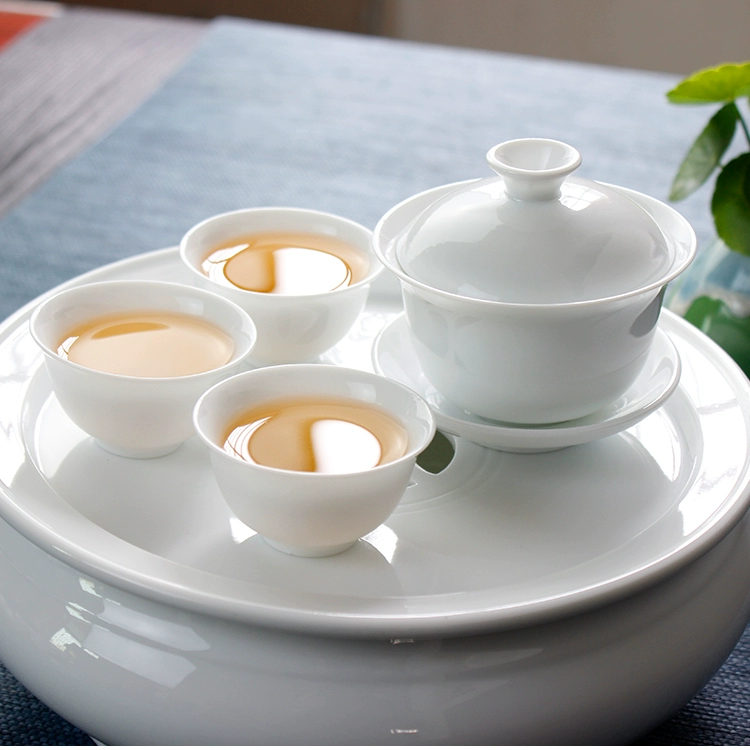 91N high-temperature white porcelain pure white Chaoshan kung fu tea set 8-inch round tea tray water storage full set teacup with lid and bowl
