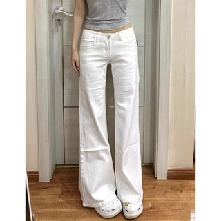 白色辣妹低腰微喇牛仔裤女宽松春秋不贴腿百搭大码小个子拖地裤子