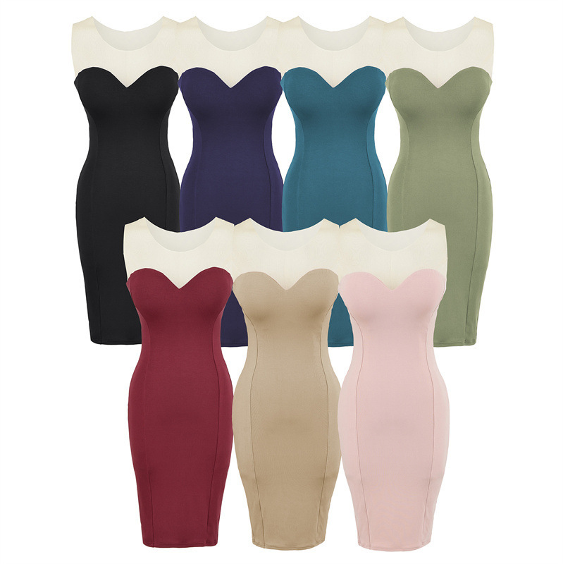 Sexy slim-fit mesh patchwork tank dress for women, elegant and unique, vintage style, pure and alluring, waist-cinching, body-hugging long dress