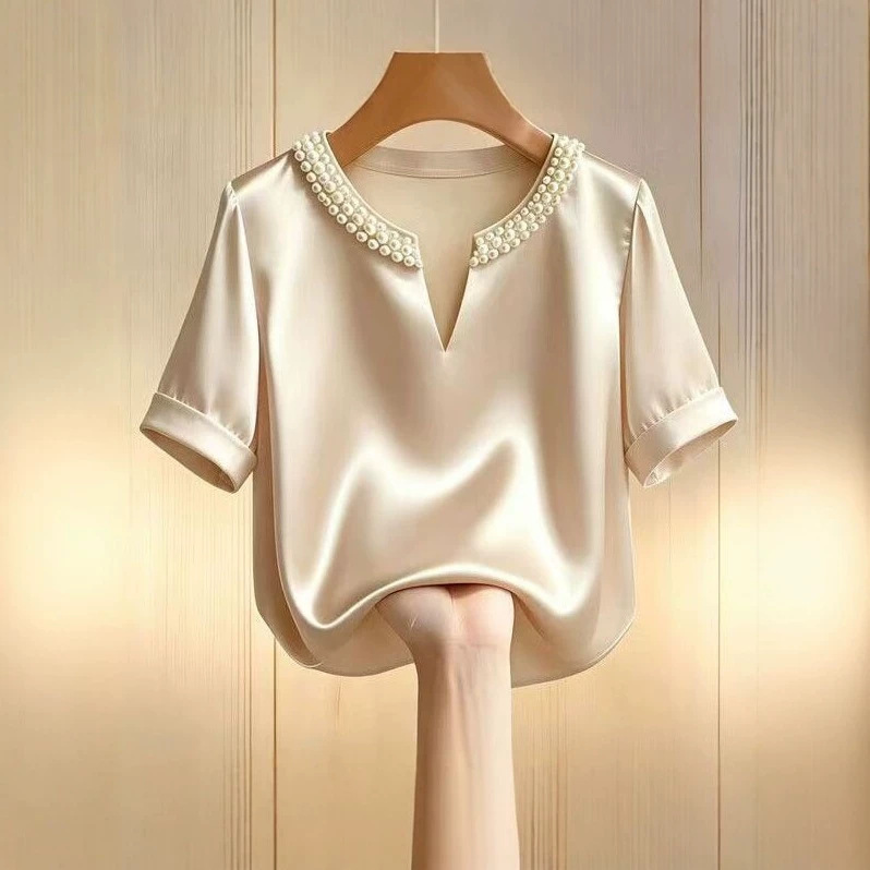2026 New Satin Pearl V-Neck Short Sleeve T-Shirt for Women, Summer High-End Fashionable Loose Slimming Top