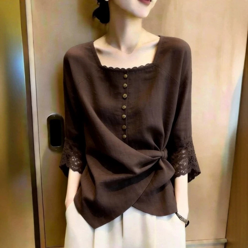 2026 Summer New Women's Single-Breasted Lace Cuff Blouse, Elegant and Delicate Coffee Brown Shirt 2026 Summer New Women's Single-Breasted Lace Cuff Blouse, Elegant and Delicate Coffee Brown Shirt