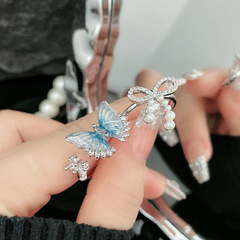 夏季冰藍蝴蝶小清新甜酷開口戒指女蝴蝶結珍珠輕奢冷淡風小眾指環