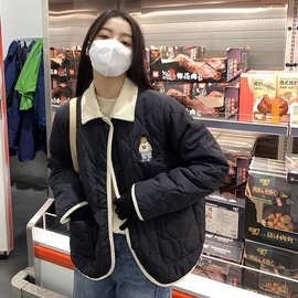 小熊刺绣菱格棉服外套冬季2023新款宽松时尚撞色拼接翻领棉衣女装