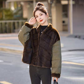 复古拼接风短款羽绒服女2026冬季新款毛绒加厚保暖仿皮草显瘦外套