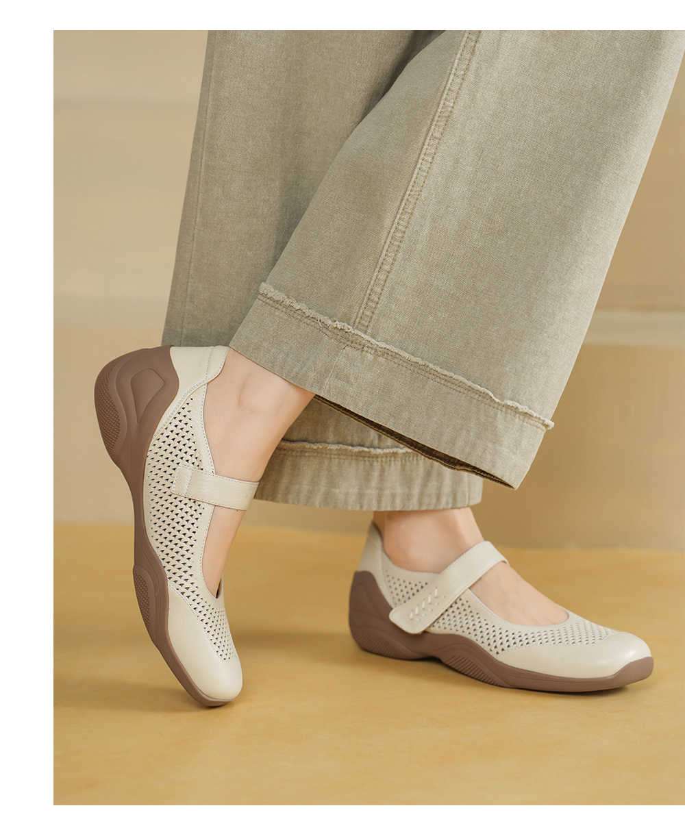 Giày sneaker nữ đế dày da cừu quai ngang lỗ rỗng — màu trắng ngà chi tiết 10