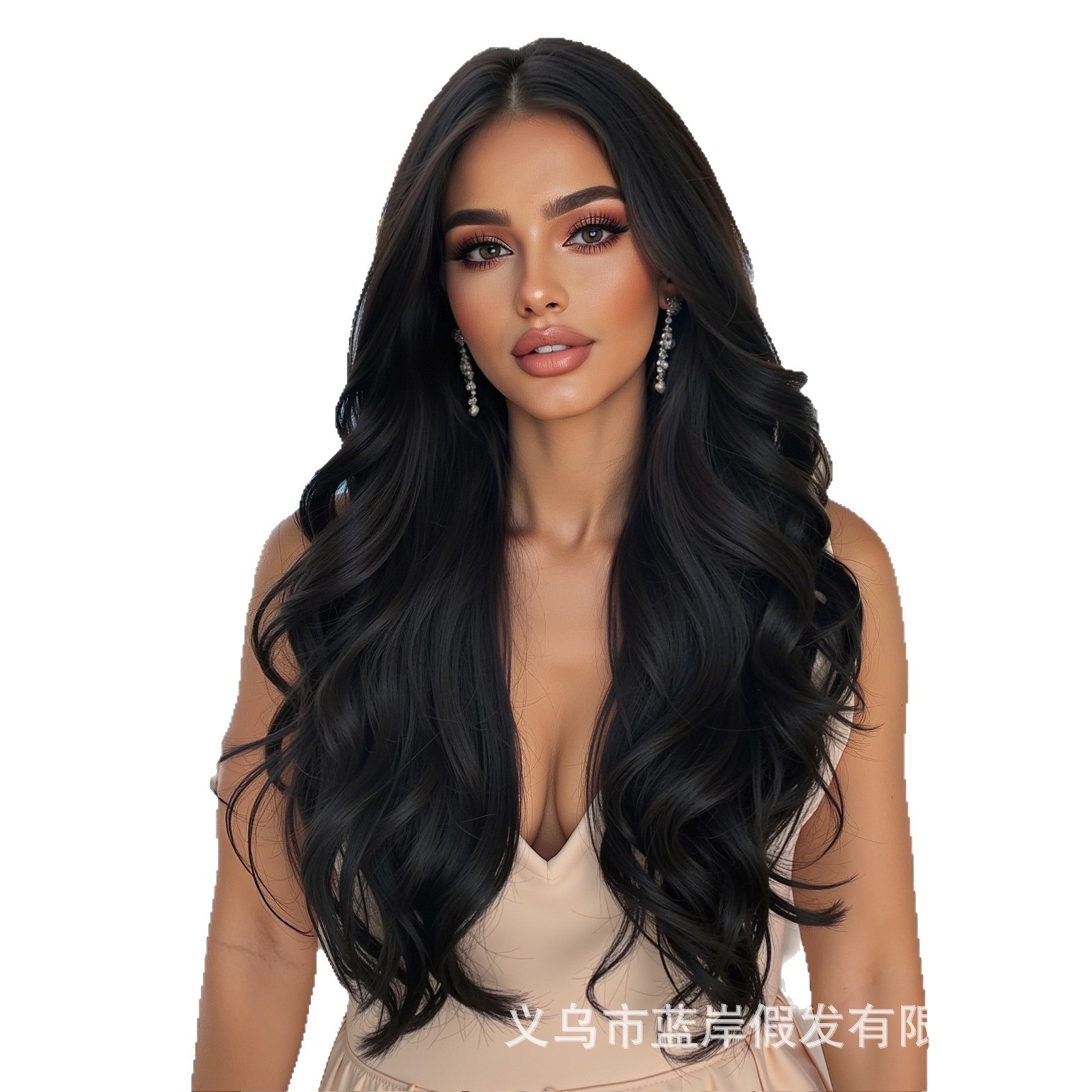 Peluca larga rizada nueva transfronteriza para mujer, peluca completa, estilo europeo y americano, con raya en medio, peluca de fibra sintética negra.