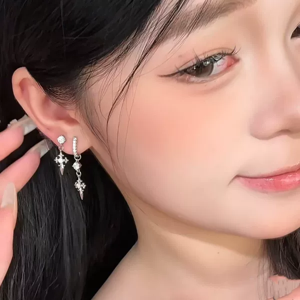 New cross-shaped earrings, featuring delicate straight pins, sparkling studs, and ear cuffs, designed for women