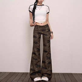 2025秋季新款美式复古辣妹低腰喇叭裤修身显瘦迷彩垂感牛仔裤女款