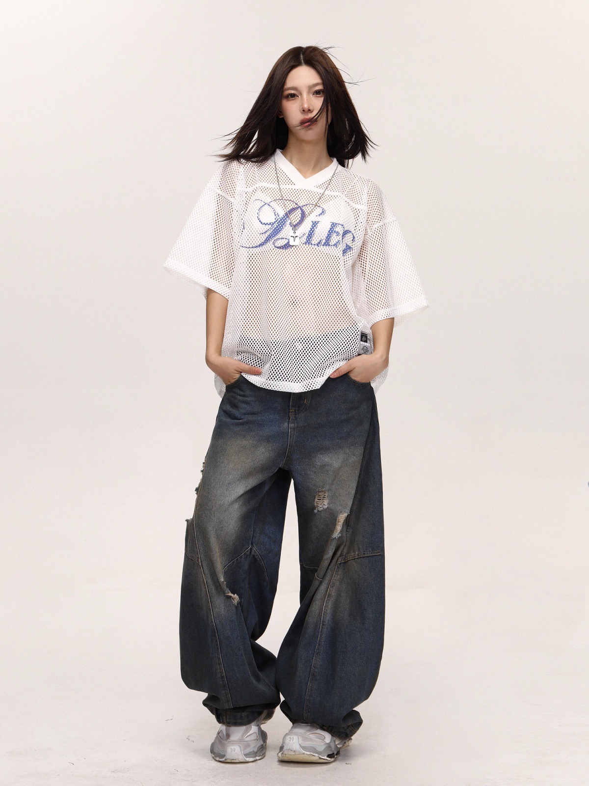 Mesh T-shirt Mit V-ausschnitt Und Buchstabenprint Unisex Sommer_voghion.com