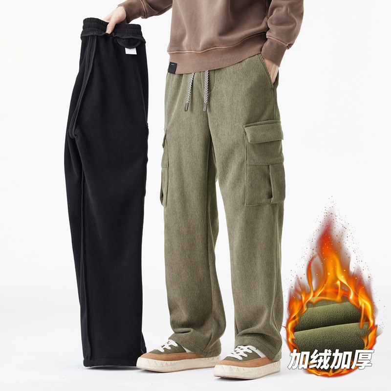 high quality Corduroy Overalls Men's Winter New Fashion Brand fleece-lined Thickened Loose Wide Leg Straight Casual Pants