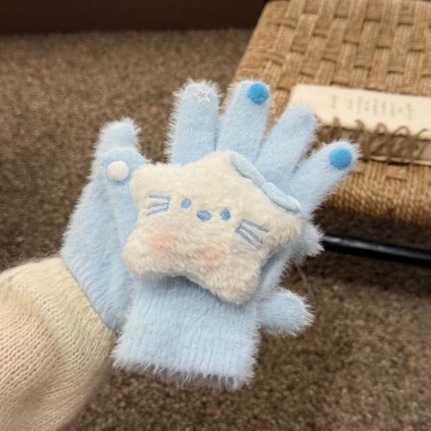 Blue gloves with bow, keep warm cute cartoon set for elementary school students, wide color palette