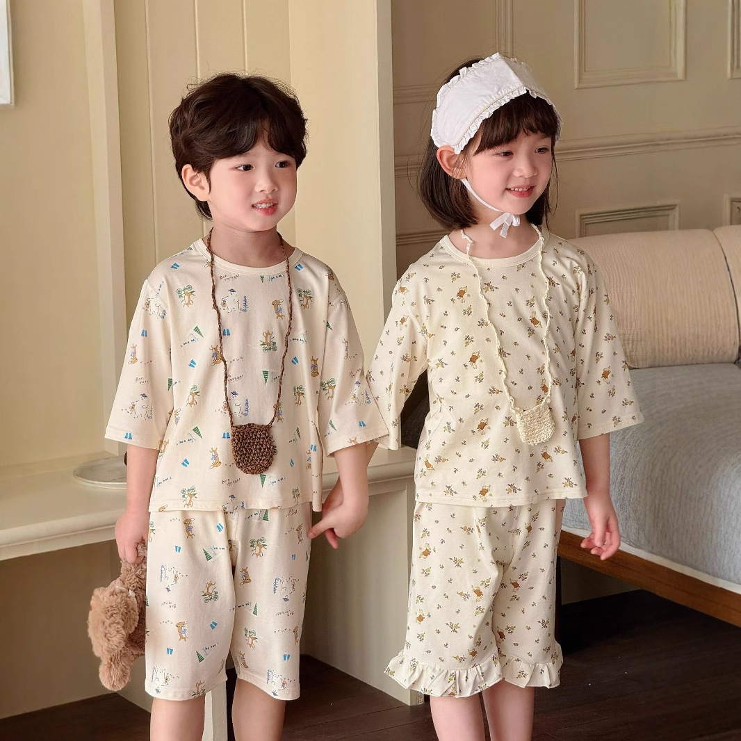 25 Korean Style Summer Thin Kidsren's Air-Conditioned Clothing Short-Sleeved Suit Boys and Girls Pajamas Category a Home Clothes Kidsren's Printing