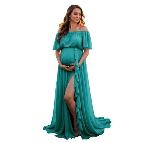 Off-shoulder short-sleeved maternity evening dress with high slit and train, long dress for pregnant mothers to take photos in a studio Off-shoulder short-sleeved maternity evening dress with high slit and train, long dress for pregnant mothers to take photos in a studio